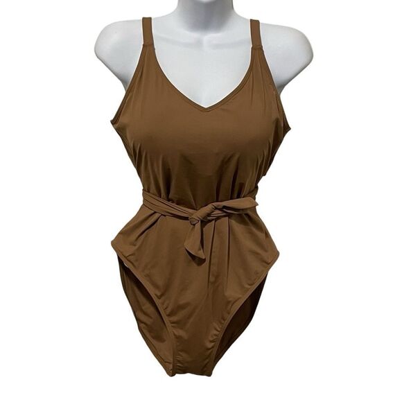 NWT Nicole Miller One Piece Deep VNeck With Sash Swim Suit Tan Size XL - Picture 1 of 11